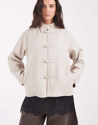 Pieces cappotto effetto lana con collo a imbuto e chiusura alla cinese in beige avena chiaro-Neutro