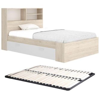 Vente-Unique Letto 120 x 190 cm Con vani portaoggetti Naturale e Bianco + Rete - VARDIEL