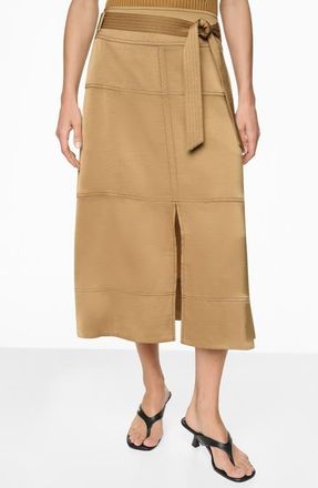 DKNY Tie Waist Contrast Stitch Midi Skirt in Dune at Nordstrom, Size 12