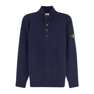 Stone Island Gebreide trui met hoge kraag en knopen - Heren - Coltruien - Blauw - L - Wol - Truien & Vesten