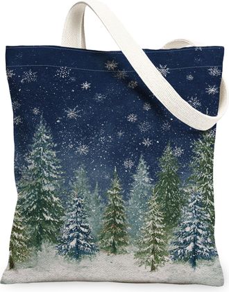 Generic Winter Trees Canvas Tote Bags, Elegant Forest Design Reusable Grocery Bags, Vintage Lightweight Washable Shoulder Strap Canvas for Travel Outdoor Beac