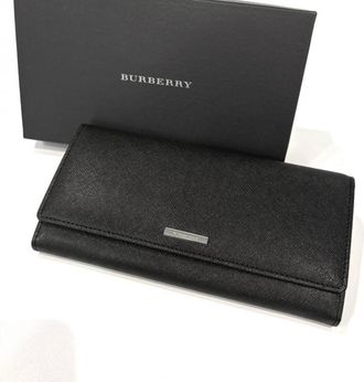 Burberry Black Brown Leather Canvas Long Wallet (Bi-Fold) (Pre-Owned)
