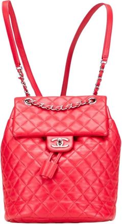 Chanel Pre-owned Gekarteld Leren Rugzak met Kettingbanden en Trekkoordsluiting - Dames - Vintage Rugzakken - Rood - ONE Size - Leer - Vintage