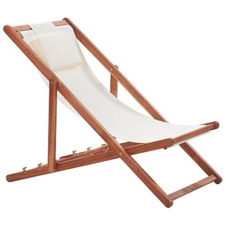 Beliani Tumbona De Jard&iacute;n Con Asiento Beige Reclinable Plegable Con Reposacabezas Y Coj&iacute;n Estructura De Madera Avellino