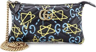 Gucci Black Matelasse Leather Gg Marmont Chain Shoulder Bag Guccighost Mini (Authentic Pre-Loved)