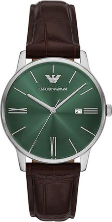 Emporio Armani Minimalist Leather Strap Watch, 39mm in Green/Brown at Nordstrom