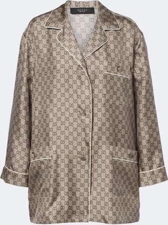 Gucci Camisa de pijama en sarga de seda con GG