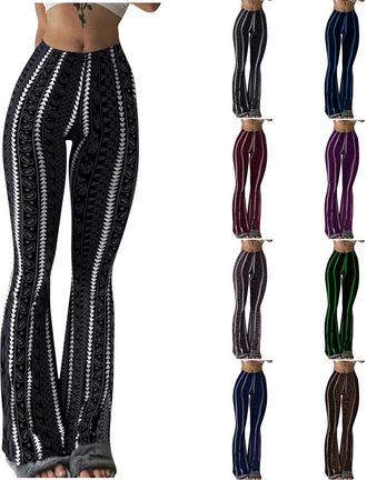 Generic High Waisted Yoga Pants for Women Stylish Striped Print Pull On Flared Leggings Womens Leisure Stretchy Bootcut Trousers Perfect for Workout, Jogging,