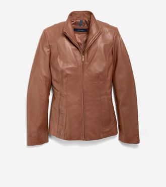 Cole Haan Womens Wing Collar Leather Jacket - Beige Size Medium