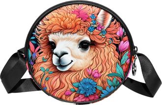 Generic Circle Crossbody Bag for Women, Color Drawing Alpaca Small Sling Bag Daypack with Zipper Adjustable Shoulder Straps Casual Ladies Girls Round Purse