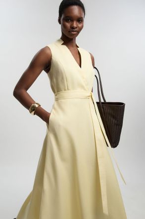 Karen Millen Womens Tailored Linen Wrap Tie Waisted Maxi Dress - Yellow Lyocell - Size 16 UK