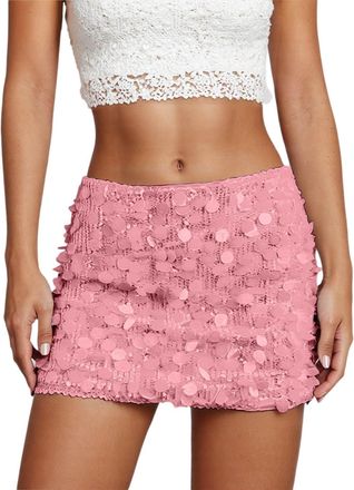 Generic Womens Glitter Sequin Skirt Stretchy Bodycon Mini Skirt Sparkly Glitter Shiny Skirts for Night Out Party Going Out Holiday Red