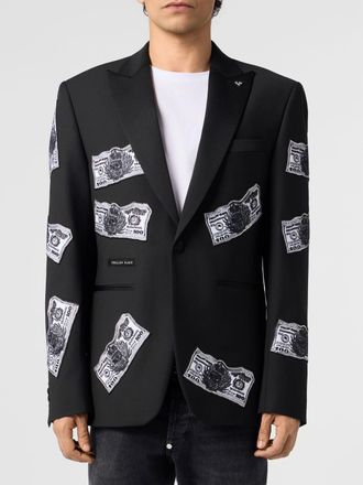 Philipp Plein Dollars Virgin Wool Blazer with Print and Crystals