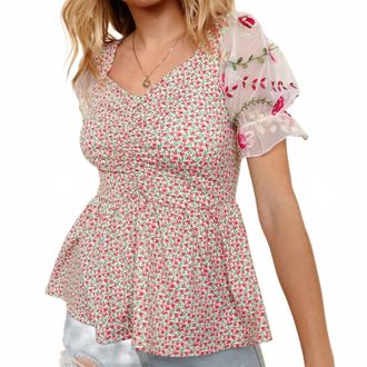 Greek Archaic Kori Floral Embroidered Mesh Sleeve Knit Top In Romantic Spring Style