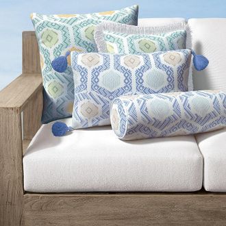 Frontgate Brycen Tile Indoor/Outdoor Pillow - Air Blue, 16 x 24 Lumbar Air Blue, 16 x 24 Lumbar in Air Blue with Natural Piping - Frontgate