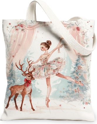 Generic Winter Ballerina Canvas Tote Bags, Elegant Deer Floral Pattern Reusable Grocery Bags, Lightweight Washable Shoulder Strap C, White, 13x15 Inch