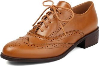 Generic Womens Lace-Up Oxfords Brogue Wingtip Perforated Round Toe Dress Shoes Low Chunky Heel Cushioned Insole Comfortable Classic Vintage Inspired Style,Yel