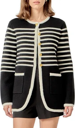 English Factory Stripe Cardigan in Black/cream at Nordstrom, Size Large