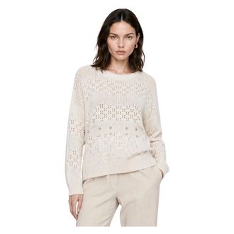 Kocca Open-knit trui met strass en veren franjes - Dames - Ronde hals truien - Beige - XS - Truien & Vesten