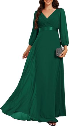 Ever-pretty Women Dress Elegant Evening Dress with V-Neck and Long Sleeve High Waisted Chiffon Maxi Dress Dark Green 12UK