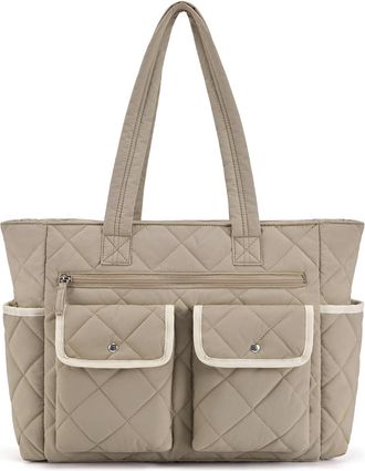 Generic Tote Bag for Women Ladies Puffy Work Bags with Zipper Lightweight Quilted Puffer Tote Bag for Travel, Teacher, Nurse (Khaki)
