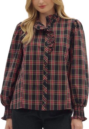 Entro Plaid Ruffle Front Long Sleeve Top In Midnight Navy