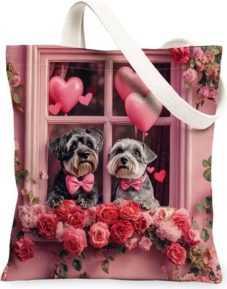 Generic Valentines Day Schnauzer Dog Canvas Tote Bag for Shopping 13x15, Window Couple Puppy Reusable Grocery Print Pattern Bag for Women, Pet Beach Aesthetic