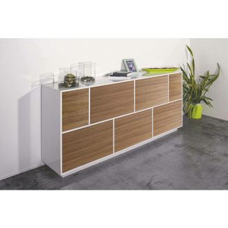 Dmora Dmora - Aparador Dnapp, Aparador de cocina con 7 puertas, Buffet de salón, 100% Made in Italy, cm 200x41h86, Blanco brillo y Nogal