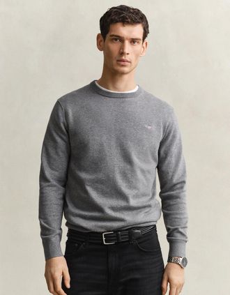 GANT Mens GANT Mens Classic Cotton Shield Logo Crew Neck Jumper - 92 Dark Grey Melange - Size: 42