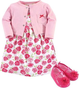 Hudson Baby Cotton Dress, Cardigan and Shoe Set in Pink Roses at Nordstrom, Size 0-3M