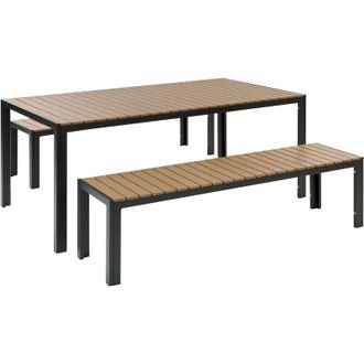 Beliani Conjunto de comedor 6 plazas de metal negro madera clara cepillado 2 bancos Nardo