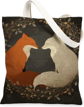 Generic Autumn Fox Canvas Tote Bags, Elegant Animal Design Reusable Grocery Bags, Vintage Rustic Lightweight Washable Shoulder Stra, Black, 13x15 Inch