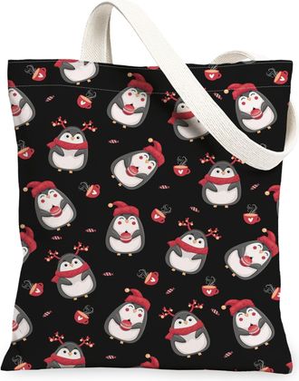 Generic Christmas Penguin Canvas Tote Bags, Adorable Animal Pattern Reusable Grocery Bags, Winter Lightweight Washable Shoulder Str, Black, 13x15 Inch
