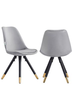 Life Interiors Set of 2 Sofia Ergonomic Modern Dining Chairs Upholstered in Velvet, Metal Legs with Gold End Caps in Light Grey