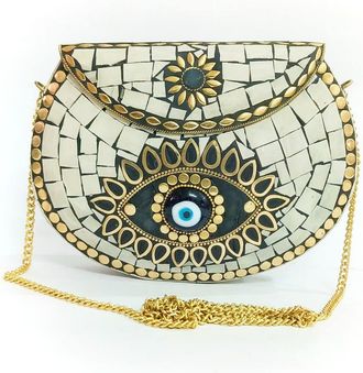 Generic Evil eye retarder mosaic metal bag gift for her Handmade ethnic evening purse women bag milky white