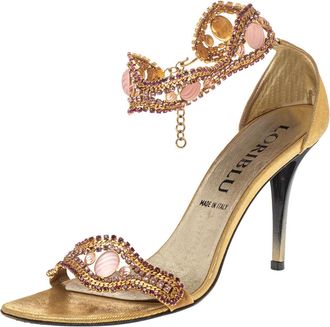 Loriblu Gold Tone Metal And Suede Embellished Ankle Cuff Sandals