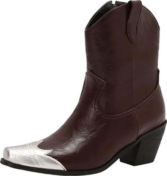 Generic Womens Western Cowboy Ankle Booties Square Toe High Block Heel With Side Zipper For Leisure And Casual Wear