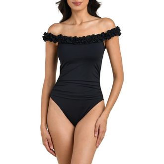 La Blanca Island Goddess Off the Shoulder One-Piece Swimsuit in Black at Nordstrom, Size 14
