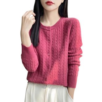 Generic Womens Crewneck 100 Merino Wool Cardigan Solid Long Sleeve Tops First Line Ready to Wear Cardigan Chunky Cable Ladies Cardigan Aran Knitwear Jacket Ou