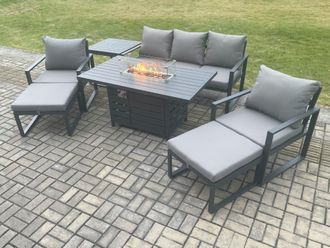 Fimous Aluminium Patio Outdoor Garden Furniture Lounge Sofa Set Gas Fire Pit Dining Table with Side Table 2 Big Footstools Dark Grey