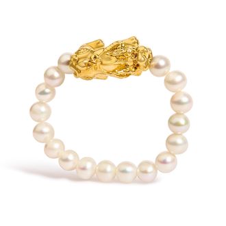 House of Brilliance 18K Yellow Gold Freshwater Pearl Dragon Charm Adjustable Ring Band
