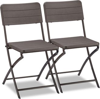 Relaxdays Relaxdays Set Di 2 Sedie Da Giardino, Effetto Legno, Resistenti, In Plastica, Struttura In Metallo, Pieghevoli, Marrone