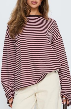Princess Polly Settle Down Stripe Oversize T-Shirt in Pink /Brown Stripe at Nordstrom, Size 12