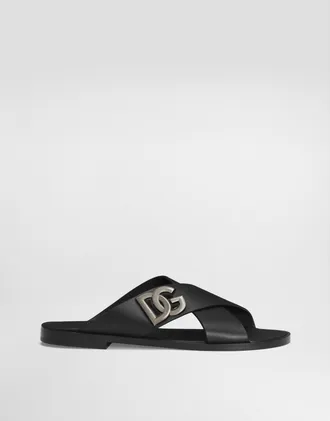 VIPSALE【DOLCE & GABBANA】スライドサンダル カーフスキンDG ブラウンのウィメンズ Calfskin sliders with DG logo