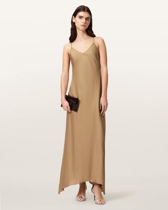 AllSaints Polyester Leona V-Neck Maxi Slip Dress, Size: UK 14/US 10
