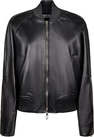 Sportmax Minimalistic Black Leather Coat with Zipper Closure and Ribbed Details