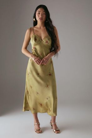 Warehouse Womens Petite Rose Satin Tie Strap Lace Detail Midi Slip Dress - Yellow - Size 14 UK