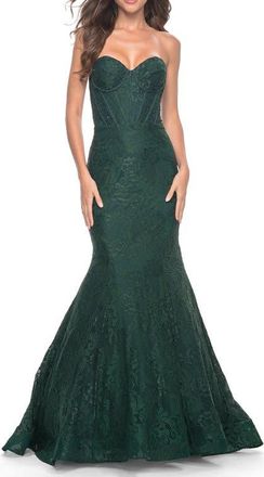 La Femme Mermaid Stretch Lace Dress with Bustier Top and Sheer Back in Dark Emerald at Nordstrom, Size 00