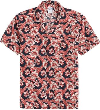 Brooks Brothers Navy Rode Katoen Poplin Bloemenprint Sport Shirt - Heren - Korte mouwen Overhemden - Veelkleurig - XL - Katoen - Overhemden