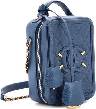 Chanel Borsa a tracolla Filigree Vertical Vanity in pelle Caviar trapuntata - Blu